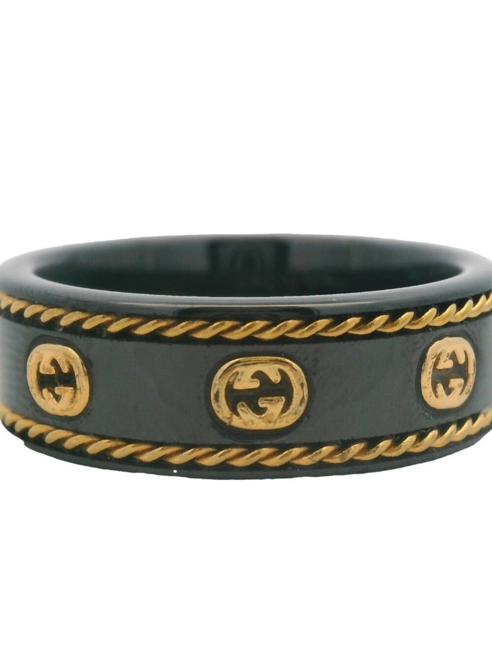 Gucci Black Synthetic Corundum 18kt Gold Icon Interlocking G Logo Band Ring